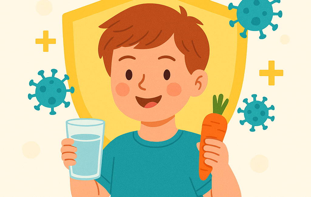 An image with a boy holding water glass in one hand and carrot in the other. | Funutrition - Boosting Immunity